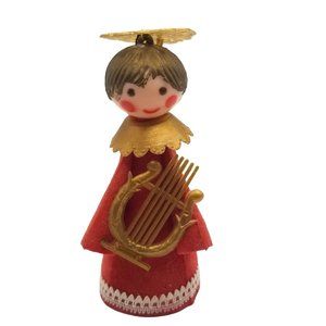 Vintage Flocked Angel Figure Red Gold Christmas Holiday Crafting Supply Harp